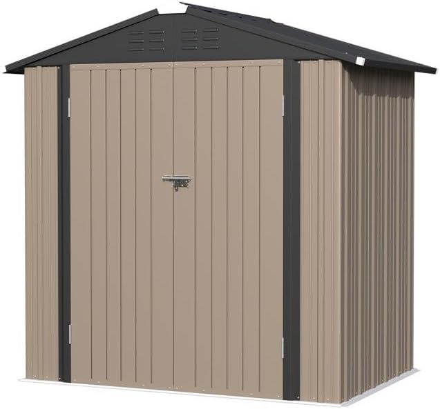 Greesum 6×4FT Outdoor Storage Shed, Metal Patio Storaged Sheds with Lockable Doors, Sheds & Outdoor Storage for Bike, Backyard, Pool and Garden, Brown