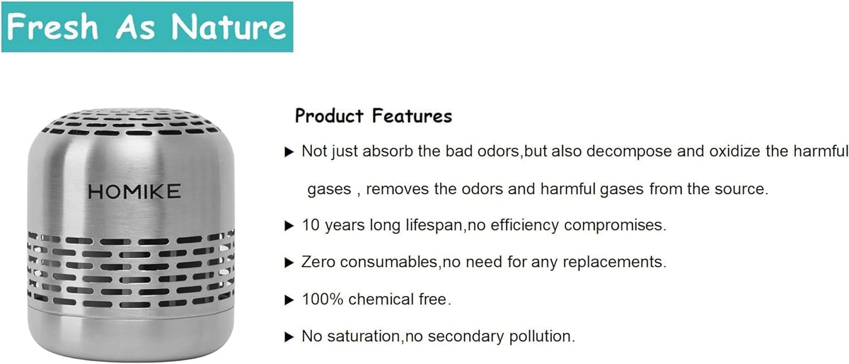 HOMIKE Refrigerator Deodorizer, Odor Eliminator,Last up to 10 Years for Car,Closet,Shoes Cabinet,Fridge and Freezer,Outperforms Baking Soda and Activated Carbon(Stainless Steel)