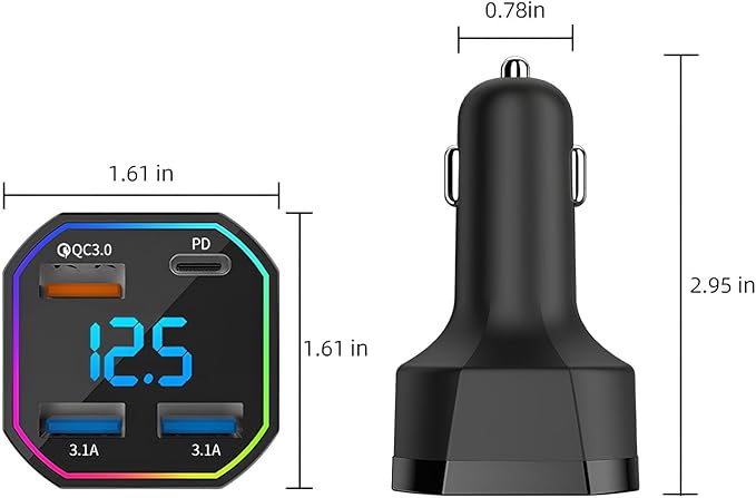 65W USB C Car Charger Adapter 4 Port Fast Charging with QC3.0 & PD2.0, Digital Display, Compatible with iPhone 16–8, Galaxy S25–S8, iPad, Pixel