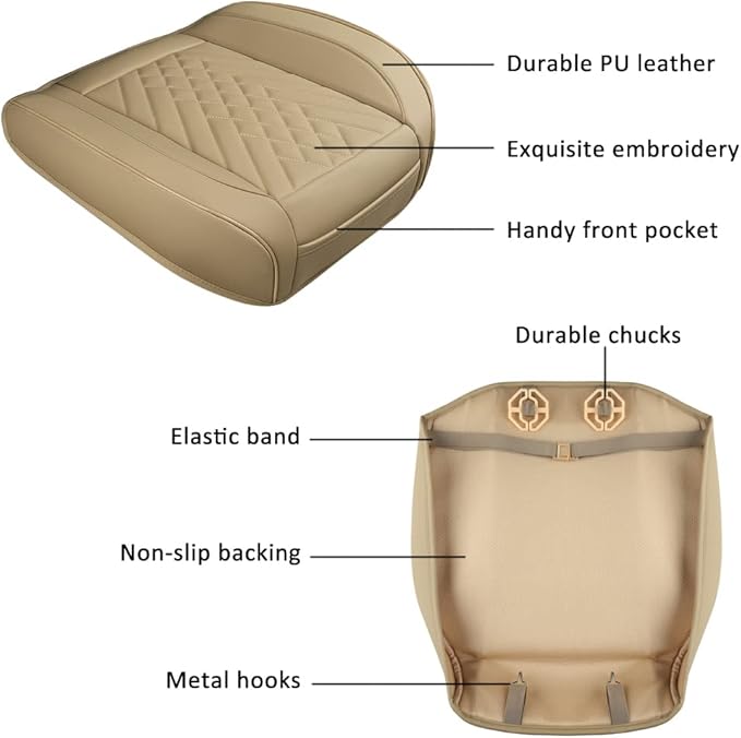 GIANT PANDA 2pcs Front Car Seat Covers Bottom Seat Covers, PU Leather Driver Car Seat Protectors Fits 95% of Vehicles, Wrapping Around The Bottom (Beige)