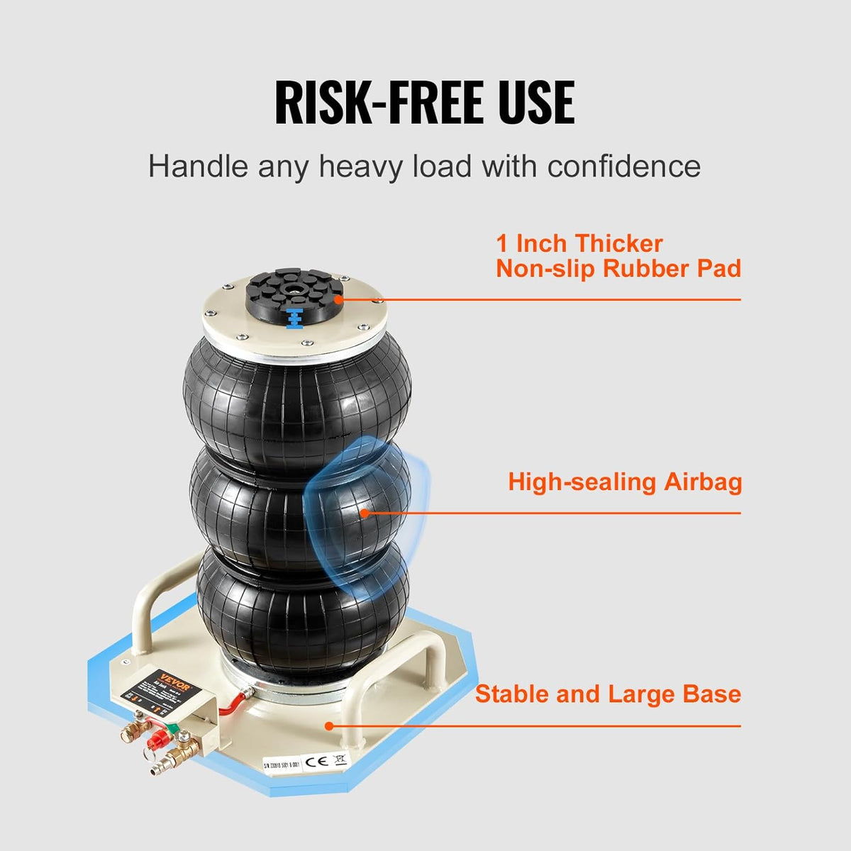 VEVOR Air Jack, 3 Ton/6600 lbs Triple Bag Air Jack, Airbag Jack with Six Steel Pipes, Lift up to 17.7 inch/450 mm, 3-5 s Fast Lifting Pneumatic Jack, with Side Handles for Car, Garage, Repair (White)