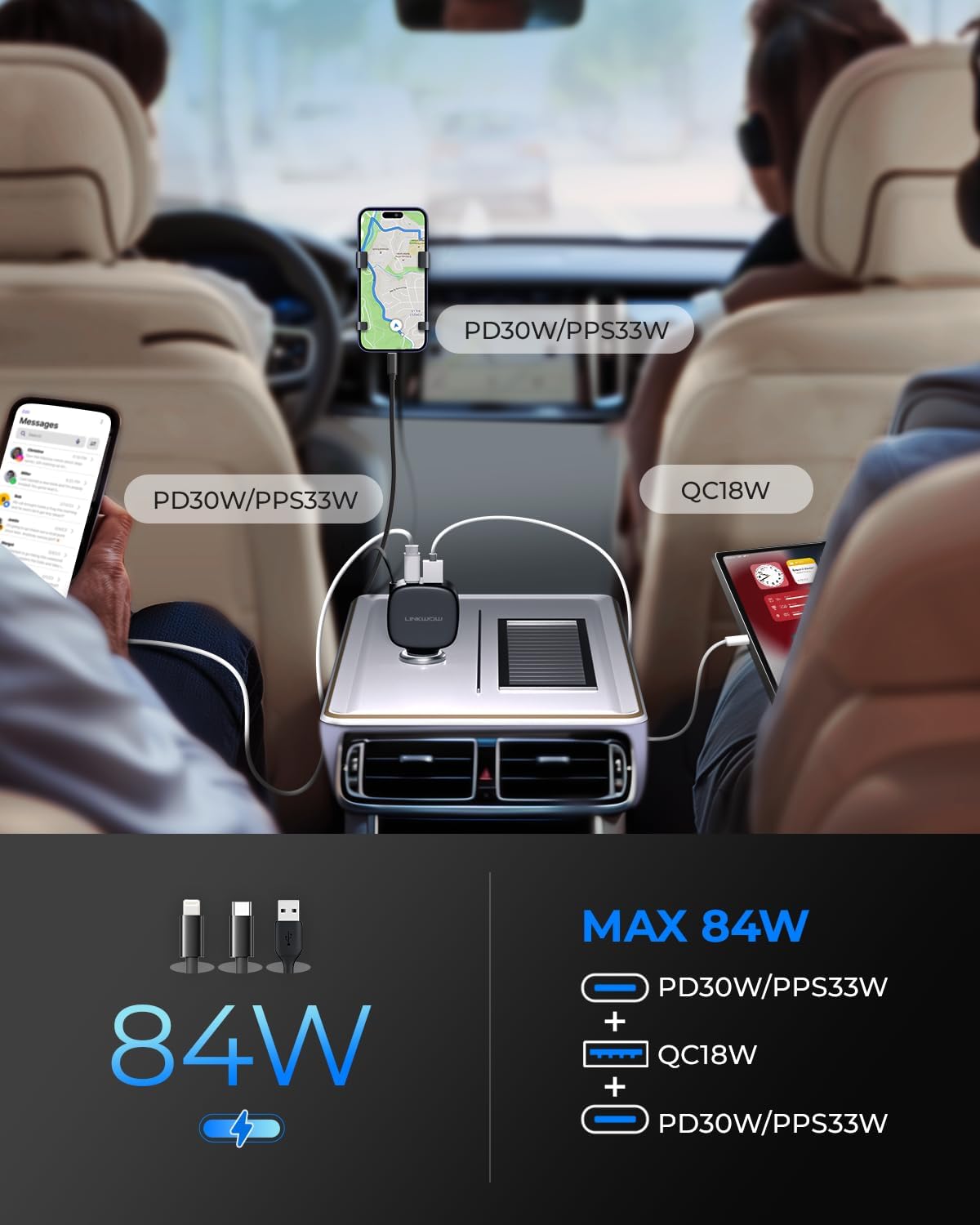 84W Max Retractable Fast Car Charger - USB C Cigarette Lighter Adapter Ultra-Compact Type-C Fast Car Charger with Built-in Retractable Cable