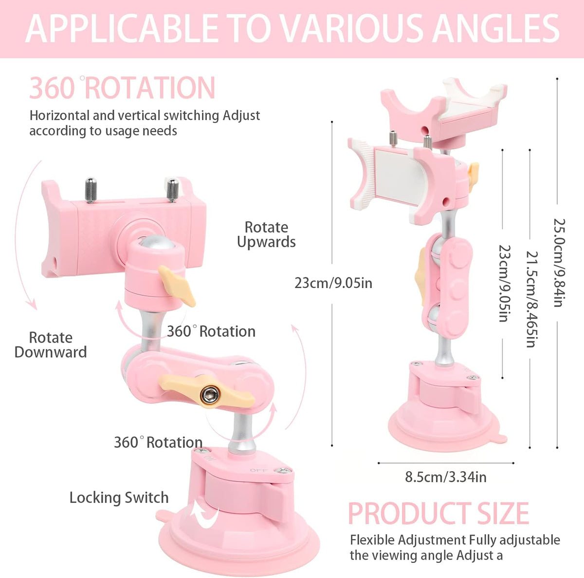 Suction Cup Phone Mount 360 Rotating Universal Ball Head Arm for Car Dashboard Windshield Vehicle Sunroof (1pc*Pink)