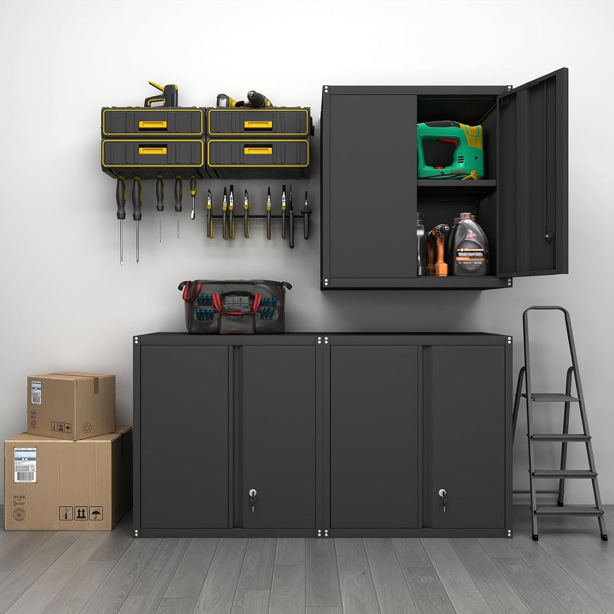 GREATMEET Locking Metal Wall Cabinets for Garage, Garage Cabinets Wall Mount, Steel Floating Hanging Storage Cabinet with Doors and Adjustable Shelf for Utility Room