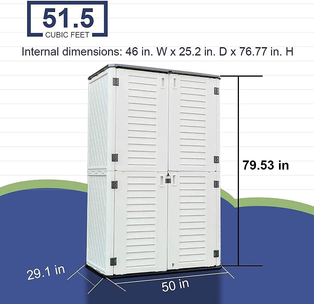 KINYING Outdoor Storage Shed Waterproof, Resin Vertical Storage Cabinet Double-Layered, Versatile to Store Patio Furniture, Garden Tools, Pool Accessories,Mower (66 Cu.ft,White)