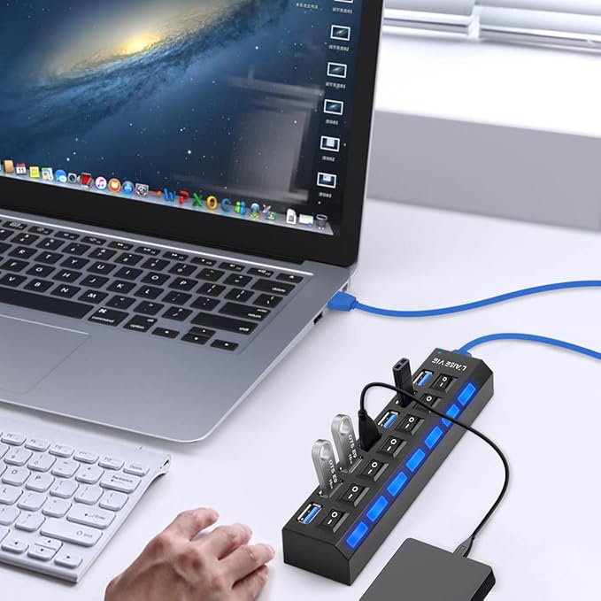 USB 3.0 Hub, 7 Ports USB Splitter USB A Port Data Hub with Independent On/Off Switch and LED Indicators, Lights for Laptop, PC, Computer, Mobile HDD, Flash Drive and More