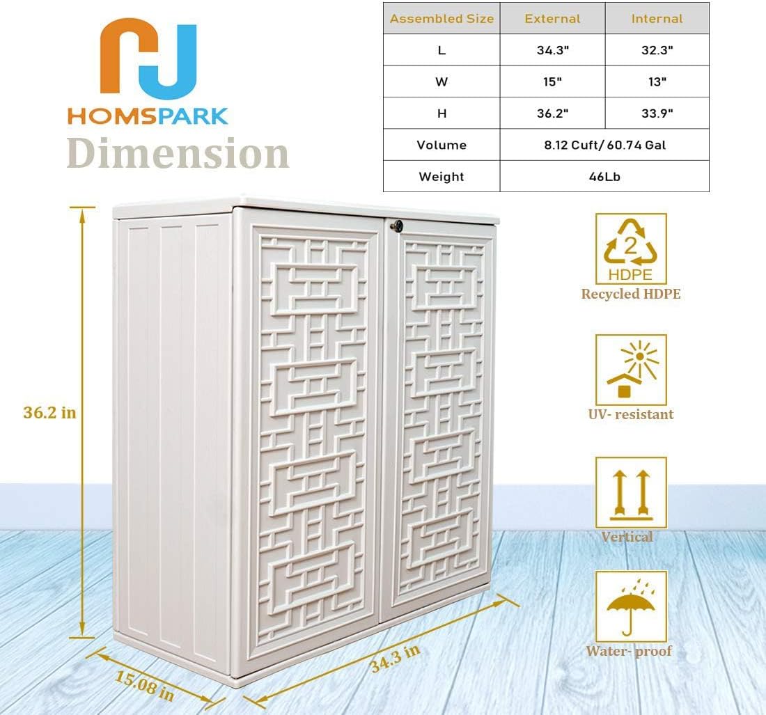 HOMSPARK Indoor/Outdoor Storage Cabinet with Doors and Shelf, 34”x16”x36” HDPE Plastic Storage Box for Patio, Bedroom, Bathroom, Living Room, Balcony, Multi-Purpose for Daily Tools, White