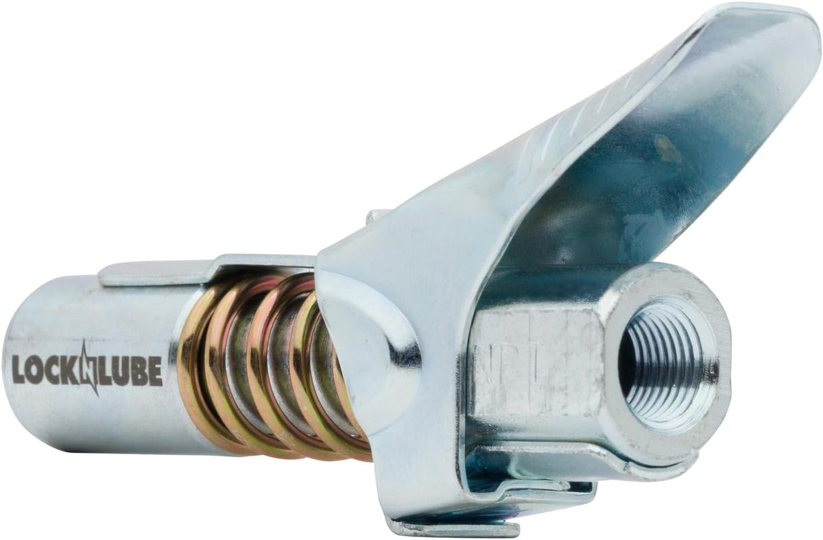 LockNLube Grease Gun Coupler locks onto Zerk fittings. Grease goes in, not on the machine. World's best-selling original locking grease coupler. Rated 10,000 PSI. Long-lasting rebuildable tool.