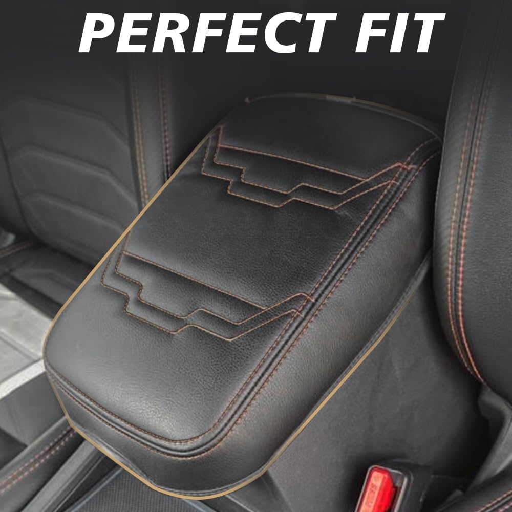 Muslogy for Frontier Center Console Pad Armrest Box Cover Vegan Leather Soft Accessories Armrest Lid Protector Compatible with Nissan Frontier 2022-2024 2025 (Regular Thick, V2 Orange Stitching)