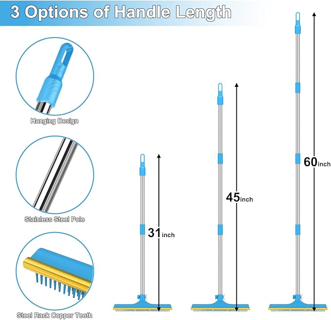 3 in 1 Carpet Rake for Pet Hair Removal, Reusable Pet Hair Remover Broom, 60'' Adjustable Long Handle Dog and Cat Hair Remover Tool Set of 3, Lint Remover Scraper for Carpets, Rugs, Mats, Couch, Car
