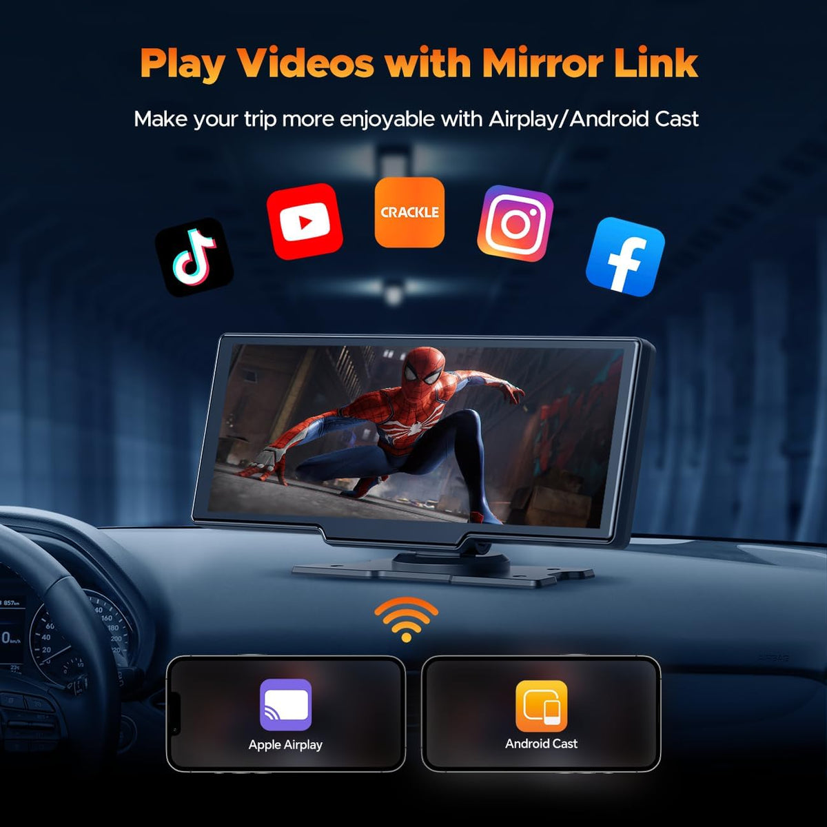Volam Wireless Carplay Screen for Car with 2.5K Dash Cam, 1080p Backup Camera, 9.26" Portable Car Stereo with Apple Carplay Android Auto, Mirror Link, Loop Recording, GPS Navigation, AUX/FM