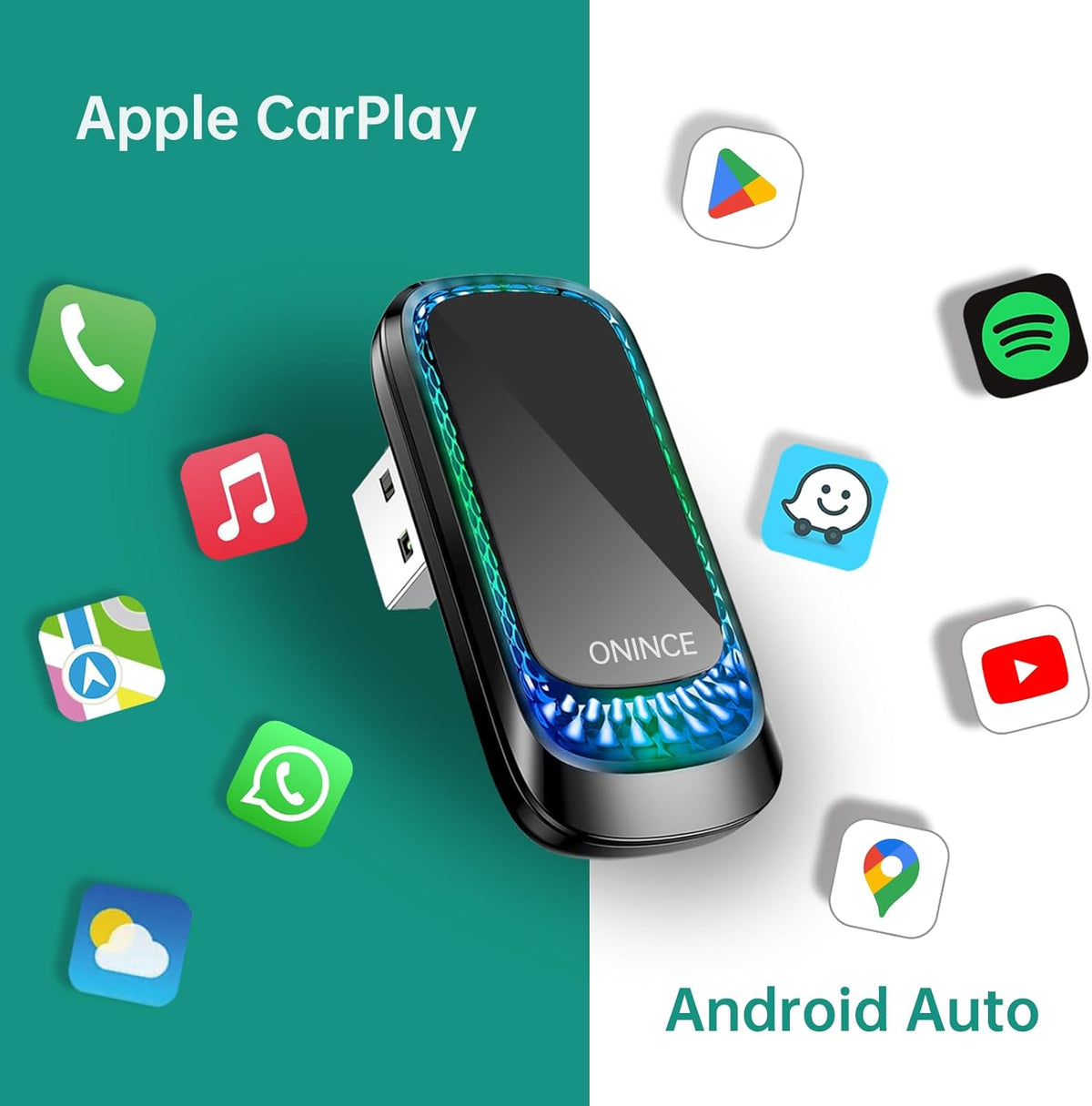 3-in-1 Wireless CarPlay Adapter for Apple CarPlay & Android Auto with RGB Ambient Lighting – Plug & Play - Small USB Dongle Works with Both iPhone and Android Phones, Model Z1 Style-T