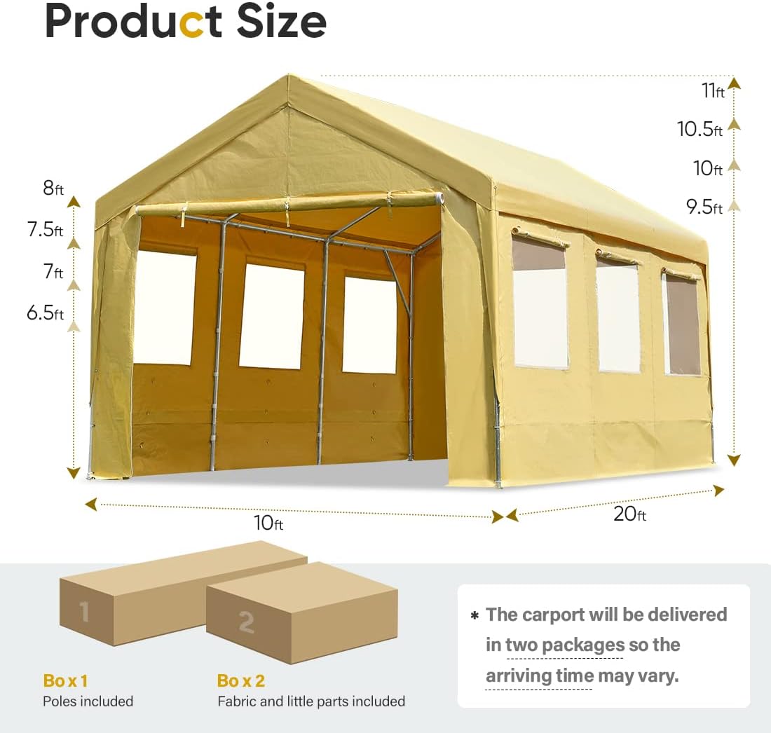 ADVANCE OUTDOOR 10x20 ft Adjustable Height Carport with Removable Window Sidewalls and Doors, Heavy Duty Car Canopy Garage Party Tent Boat Shelter with Reinforced Poles, Beige