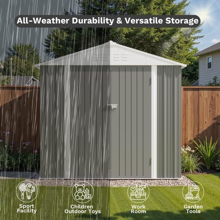 Greesum 8×6FT Outdoor Storage Shed, Metal Patio Storaged Sheds with Lockable Doors, Sheds & Outdoor Storage for Bike, Backyard, Pool and Garden, Gray