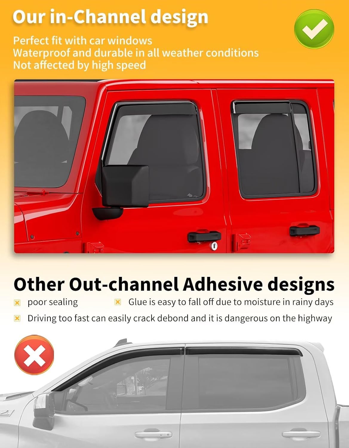 in-Channel Window Rain Guards Fit for Truck Jeep Wrangler JL 2018-2025 and Gladiator 2020-2025 Extra Durable Window Visors Window Deflectors Vent Visors Vent Shades Car Accessories-4 pcs