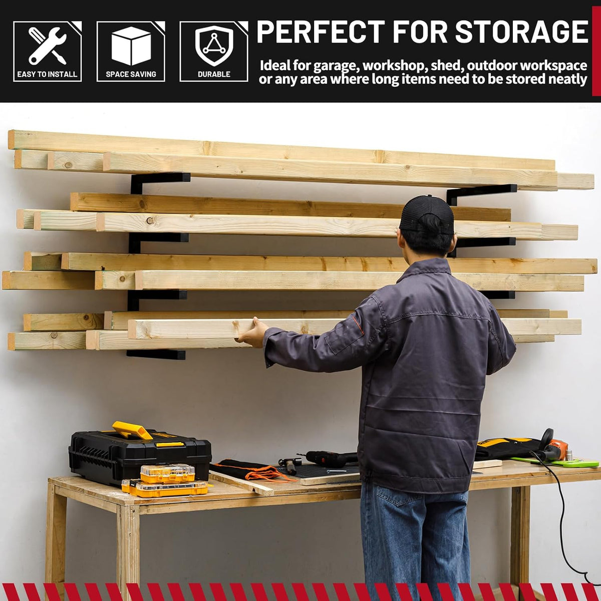 YYR Wood Organizer and Lumber Storage Rack Wall Mount, Heavy Duty Metal Shelf with 4-Level Holds Up 800 LBS, Indoor & Outdoor Use - Black