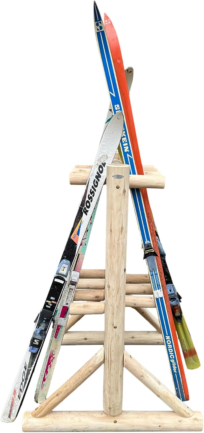 8-Place Freestanding Log Ski Rack Holder, Indoor & Outdoor Snowboard Racks, Standing Storage, Garage Racks for Snow Skis, Durable Snowboard Rack Garage Storage Organizer - Unfinished