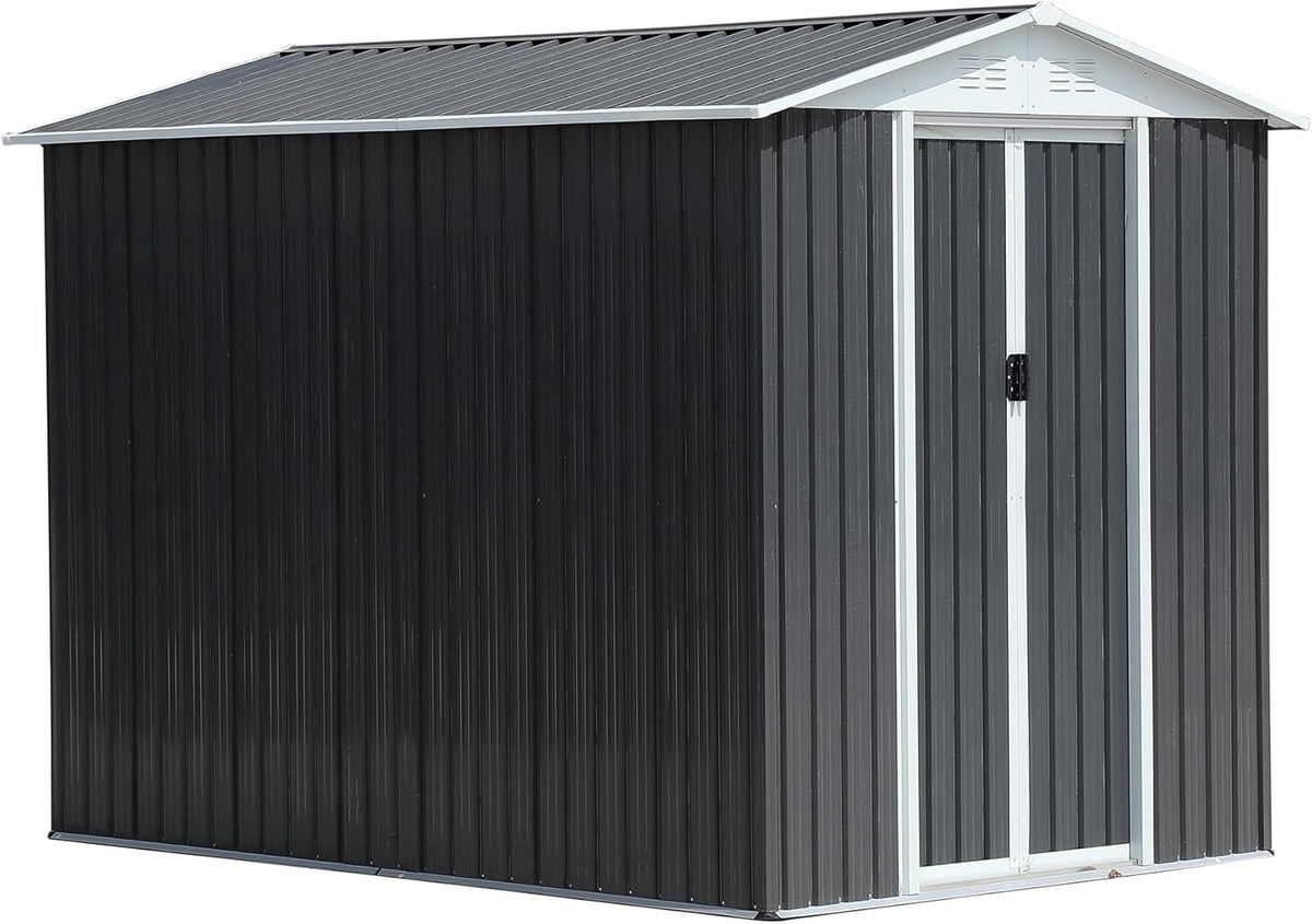 6x9 FT Outdoor Storage Shed, Metal Garden Shed with Lockable Sliding Doors, Outside Tool Shed with Sloped Roof & 4 Air Vents, Waterproof Storage Building for Backyard, Patio, Lawn, Gray