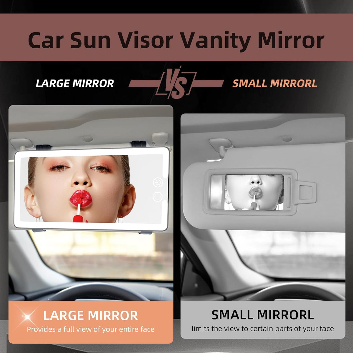 Solar Car Sun Visor Vanity Mirror, Sun Visor Makeup Mirror for Car,Dimmable with 3 Light Modes