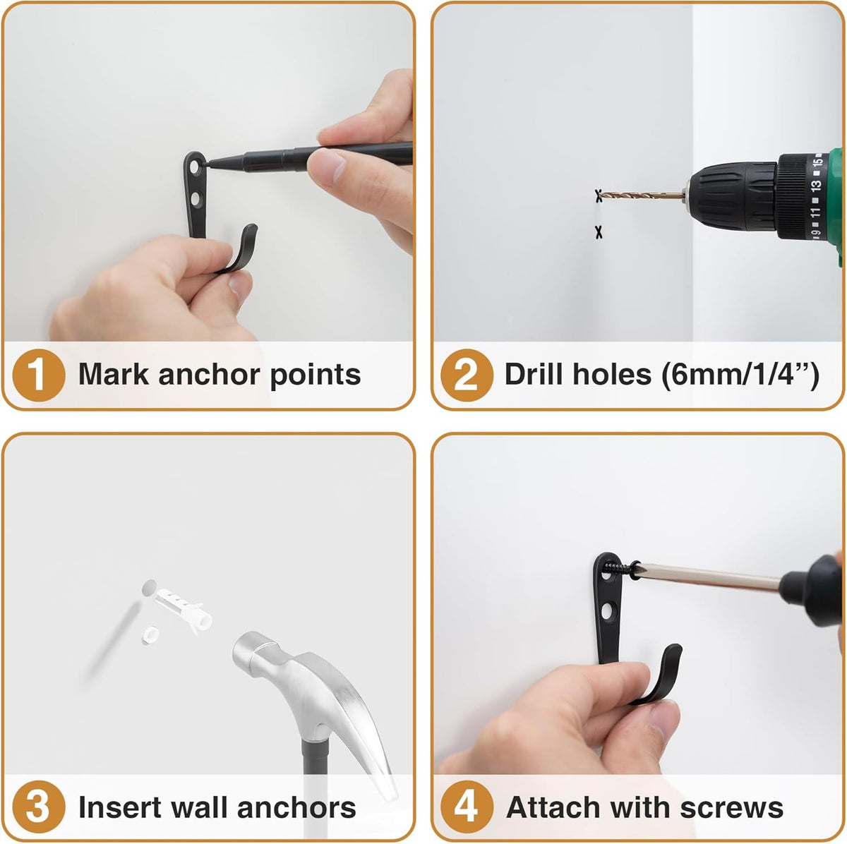 15Pcs Wall Hooks for Bathroom, Kitchen, Closet, and Garage - Black Metal Hooks for Hanging Coats, Towels, Hats, Keys, Bags, and Coffee Cups - Holds Up to 40 lbs