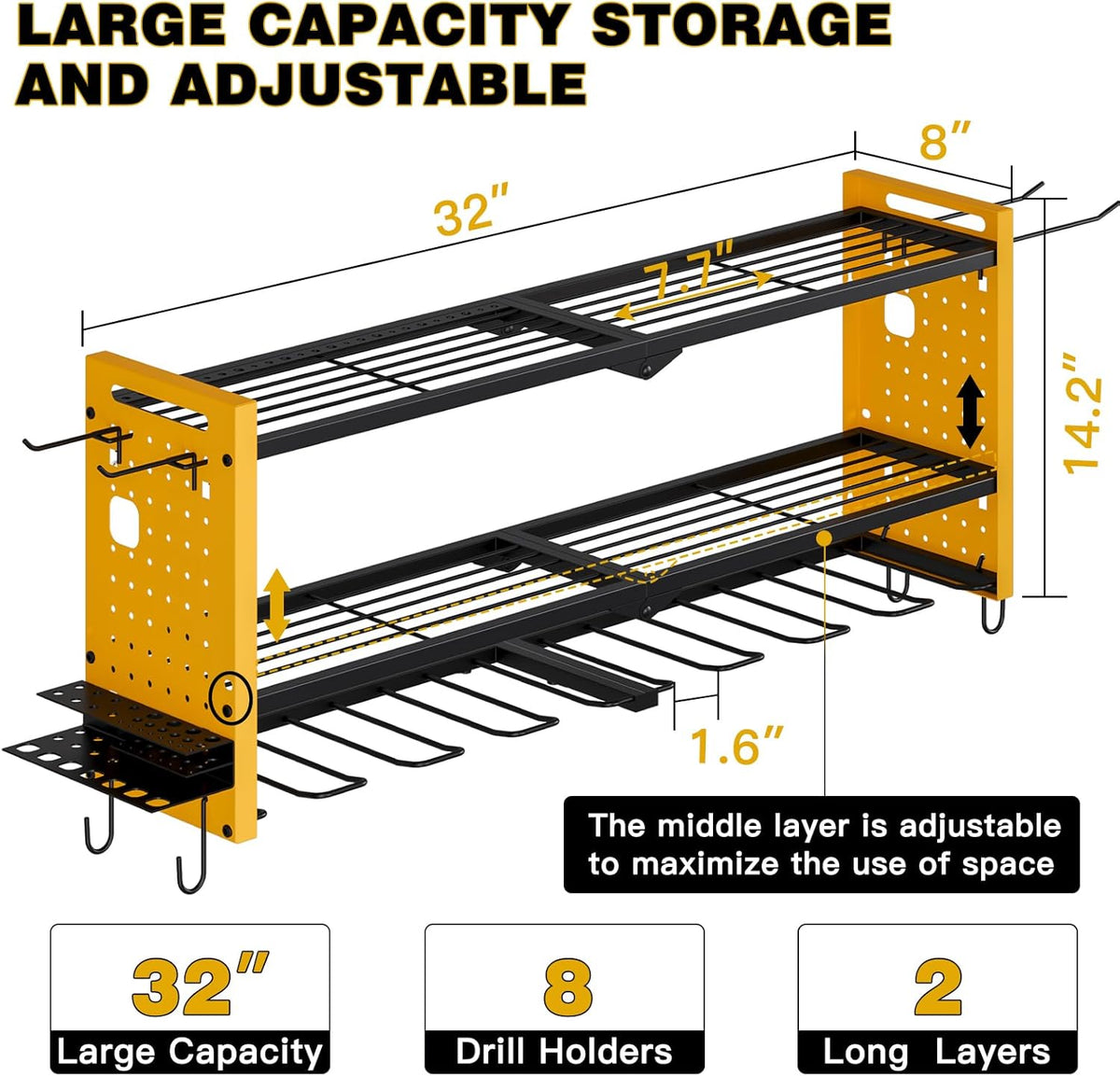 Power Tool Organizer Wall Mount,Cordless Drill Hanger Storage Rack 8 Drill Holder,3 Layers Heavy Duty Power Tool Storage Rack(Yellow)