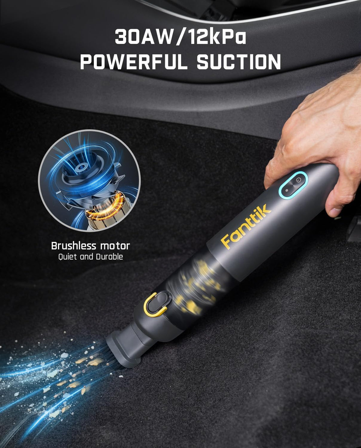 Fanttik Slim V8 Mate Cordless Car Vacuum Suction Power 12000Pa, Portable Mini Vacuum with Flexible Hose and Pet Brush, Type-C Charge, Portable for Car, Office Desk, Keyboards, Gray