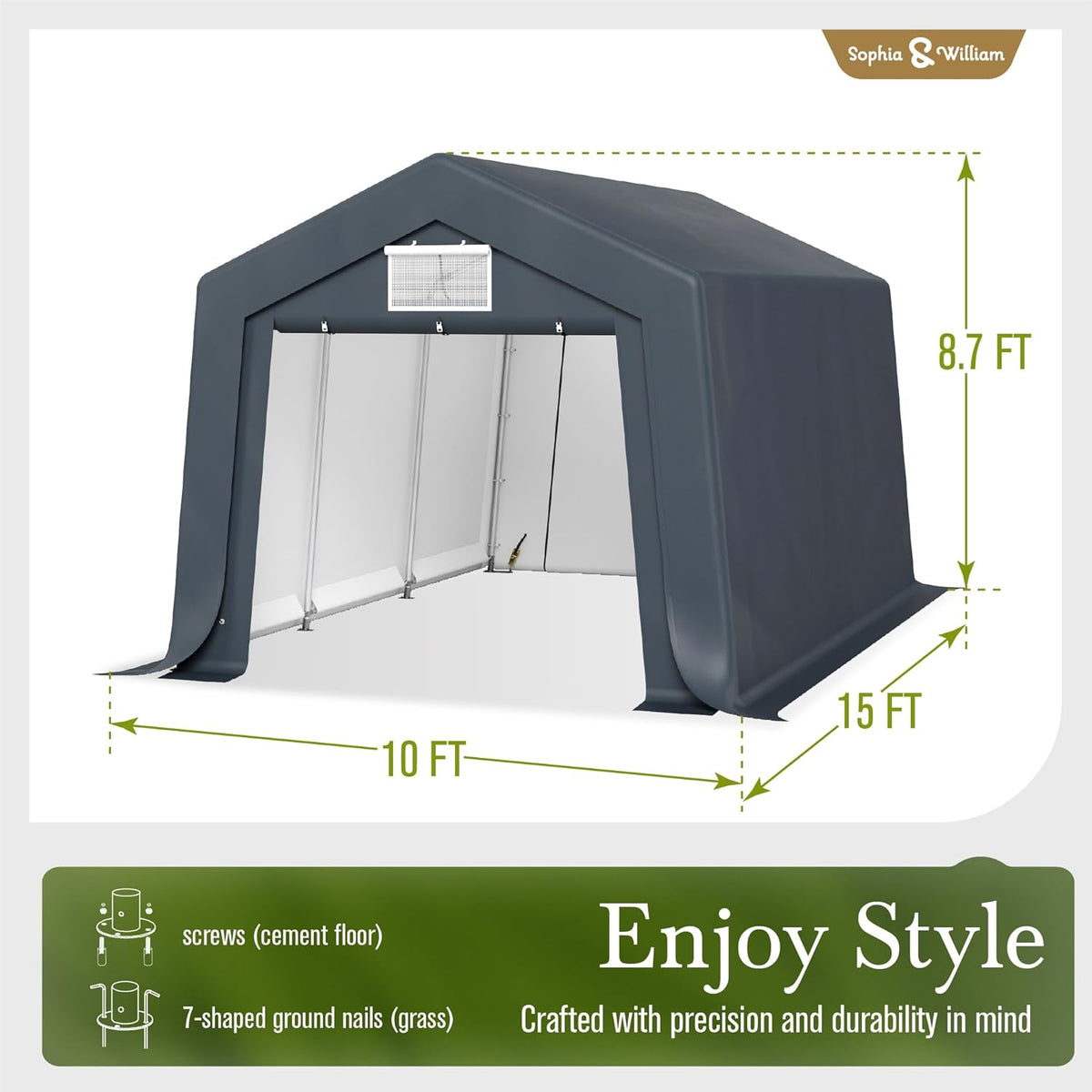 Sophia & William Carport Storage Shed 10x15 ft Portable, Heavy Duty Car Port Canopy Garage Shelter with Sidewalls and Roll Up Doors for Automobile Boat Motorcycle Bike, Gray