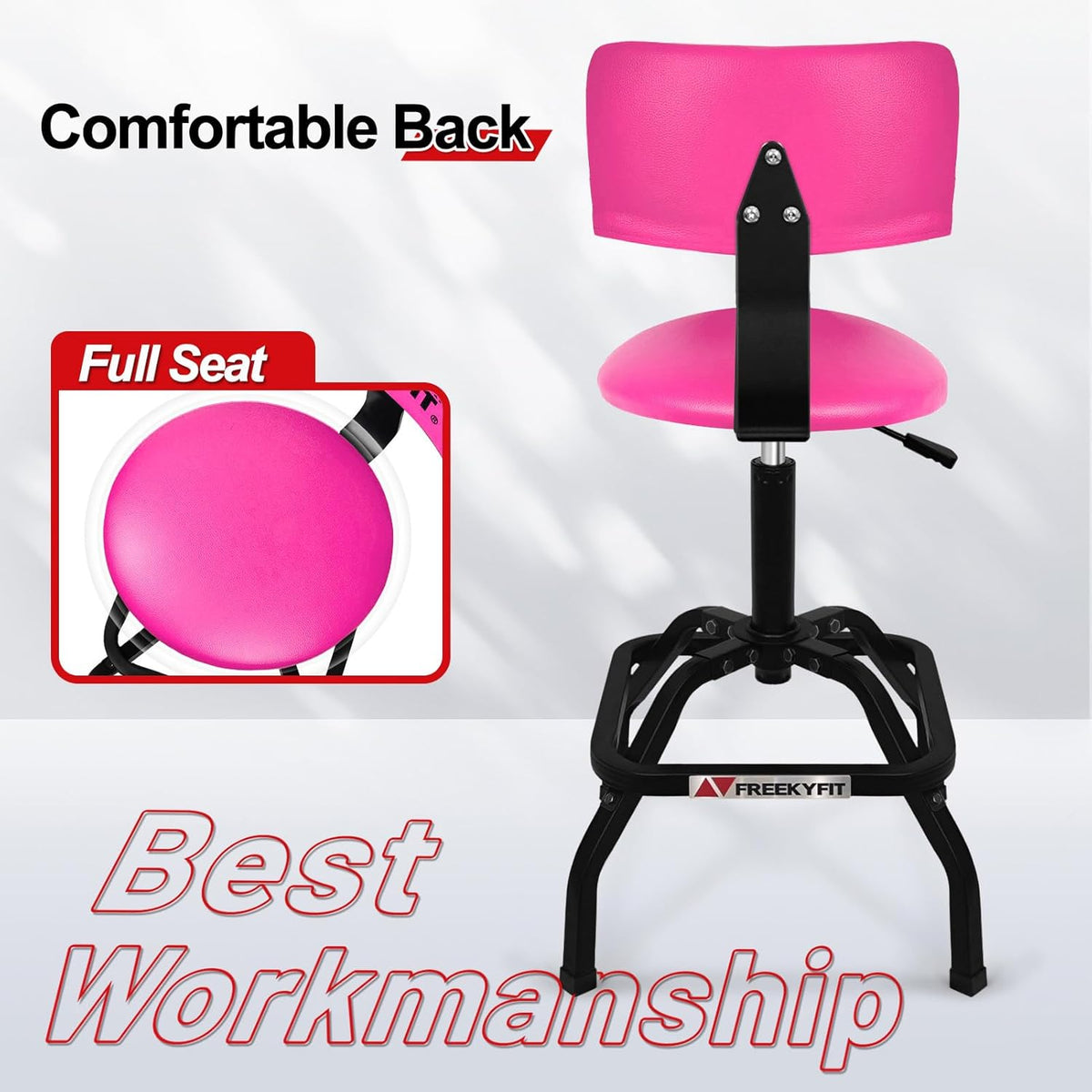 Shop Stool with Backrest, Mechanic Garage Stool for Workshop, Adjustable Shop Stools Chair, Padded Workbench Stools for Men Women, 300 LBS Capacity, 360° Swivel PVC Seat, Heavy Duty, Pink