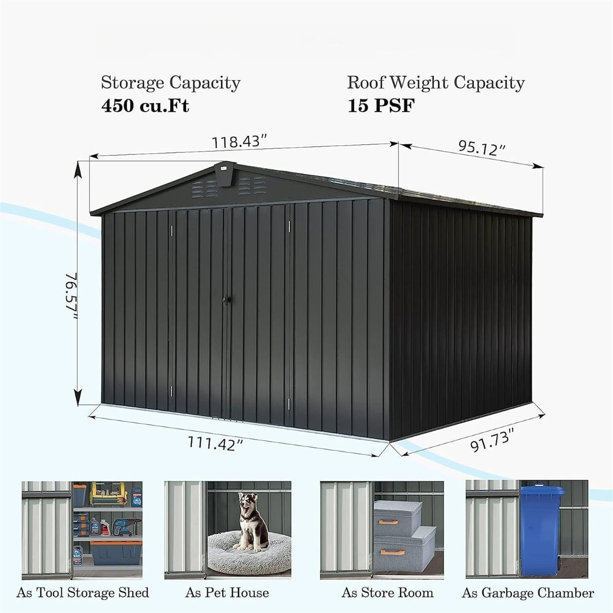 IKERY Galvanized Steel Storage Shed - 10' x 8' with Lockable Door, Extra - Large Metal Garden Shed for Bikes, Tools and Trash Cans, Perfect for Backyard and Patio, Dark Gray