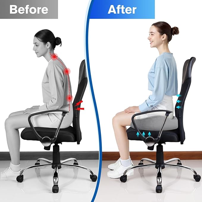 Seat Cushion, Chair Cushions, Office Chair Cushions, Anti-Slip Bottom & Removable Cover Tailbone Pain Relief Cushion, Memory Foam Seat Cushion, 5.28 in Thick (Light Grey)