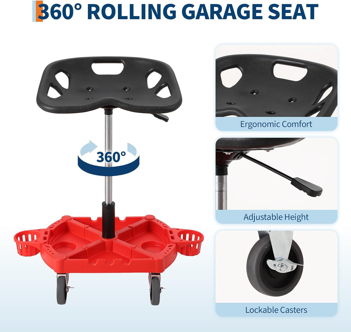 Garage Stool, 18”-23” Adjustable Rolling Mechanic Stool with Universal Wheels, Removable Magnetic Tool Tray, 300LBS Capacity, Roller Creeper Seat, Shop Chair