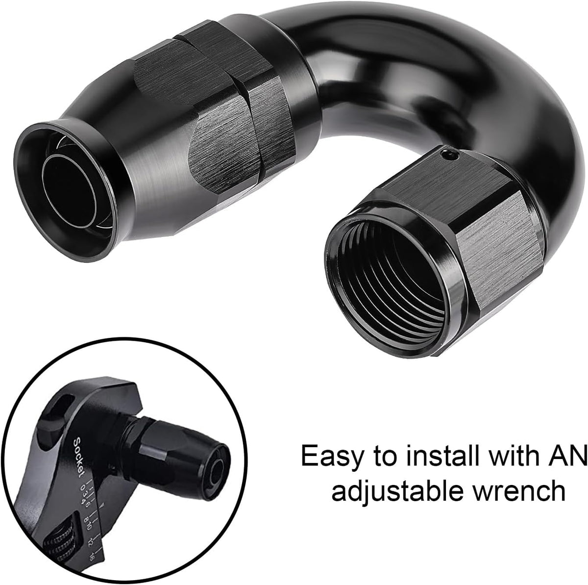 EVIL ENERGY 8AN 180 Degree PTFE One Piece Full Flow End Hose Fitting Aluminum Black