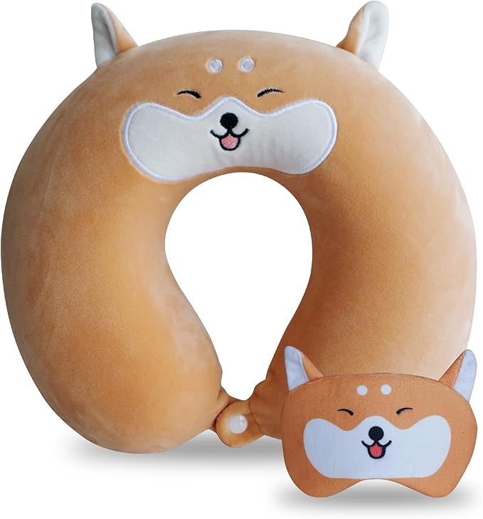 Cute Travel Pillow with Sleep Eye Mask Cartoon Headrest & Neck Pillow for Kids Boys & Girls, Teens, Travel Accessories for Airplane, Car, Recline, Home Use Memory Foam Flight - Cute Yellow Corgi