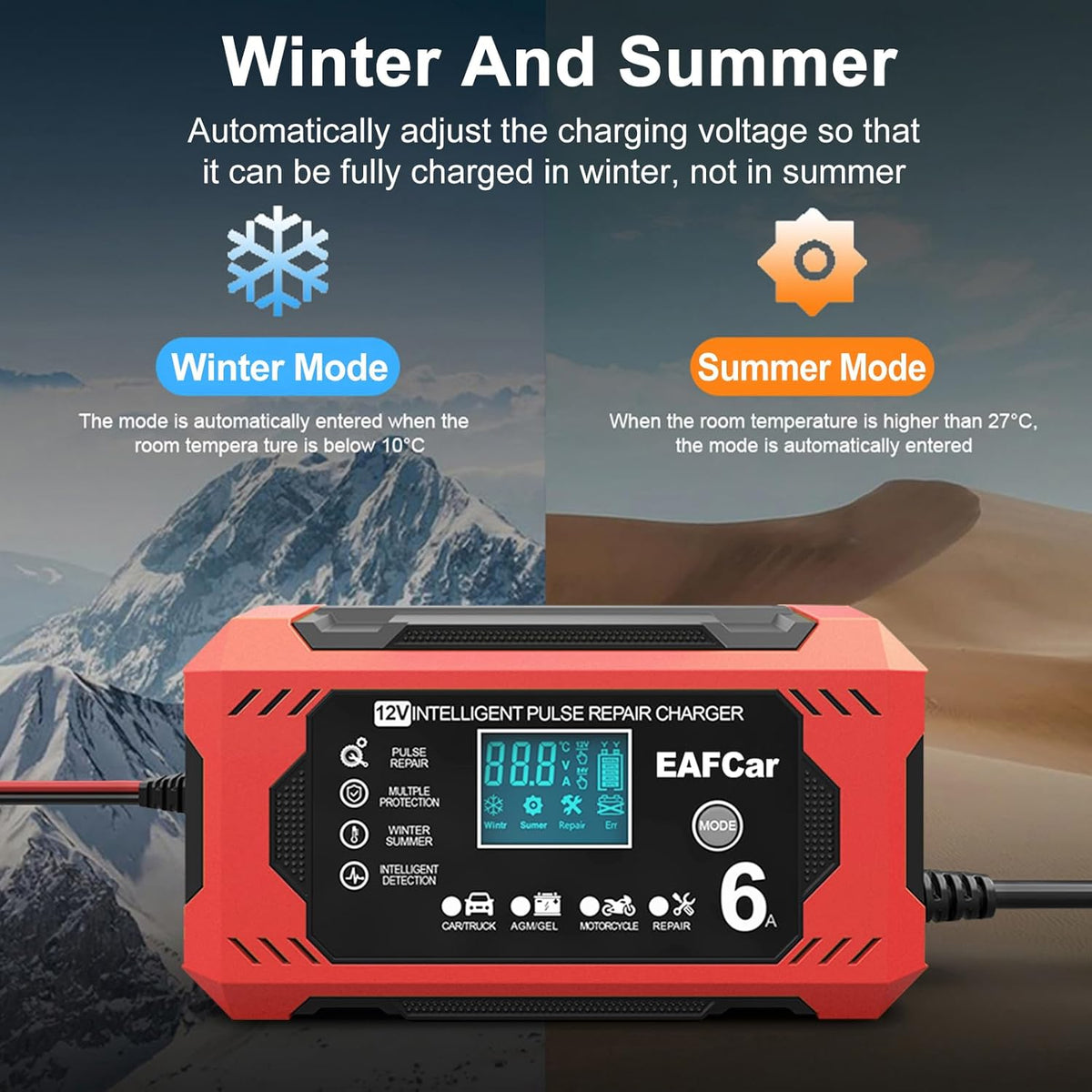 6-Amp Battery Charger, 12V Trickle Charger Car Battery Charger, Smart Automatic Lead Acid Charging with Temperature Compensation for Car Truck Lawn Mower Boat Marine(6A)