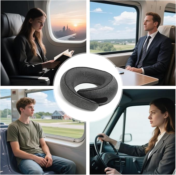 Travel Pillow for Airplane Portable Memory Foam Neck Pillows Adjustable for Car Home Office Flights Travel Essentials Accessories 360° Neck Support with Compact Case, Dark Gray