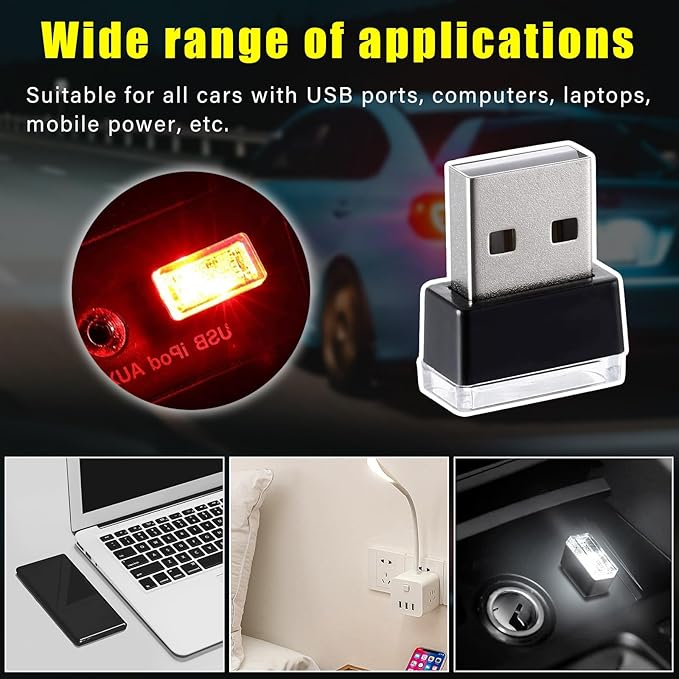 Augeny 4 PCS USB LED Car Interior Atmosphere Lamp, Plug-in USB Decor Night Light, Portable Auto Ambient Lighting Kit, Universal Vehicle Interior Accessories for Most Cars (White & Red)