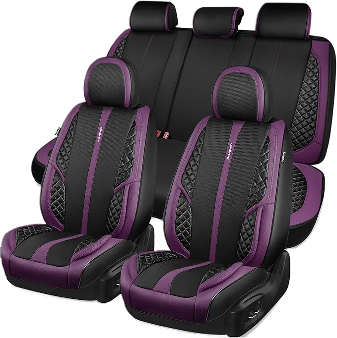 CAR PASS Nappa Leather Car Seat Covers Full Set Waterproof Protector Durable Cushioned,Universal Fit for Sedan SUV Pick-up Truck,Automotive, Anti-Slip and Backseat Luxury Premium(Black and Purple)