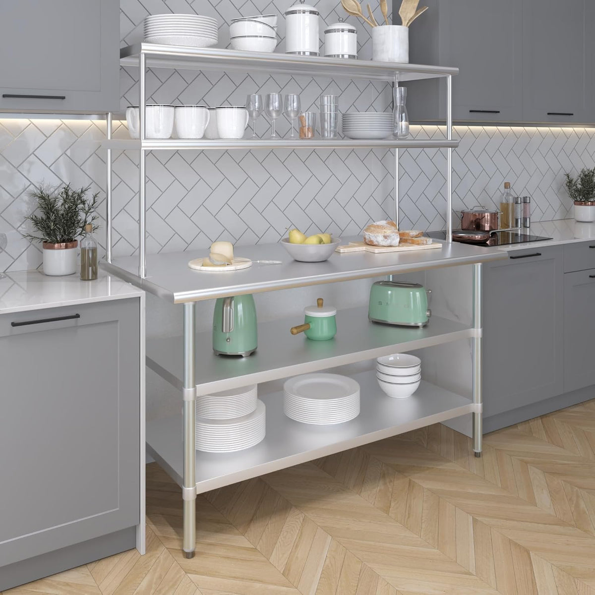 Amgood Stainless Steel Work Table with 2 Shelves | Metal Kitchen Prep Table & Shelving Combo (30" x 60" Table with 2 Shelves + 18" Overshelf)