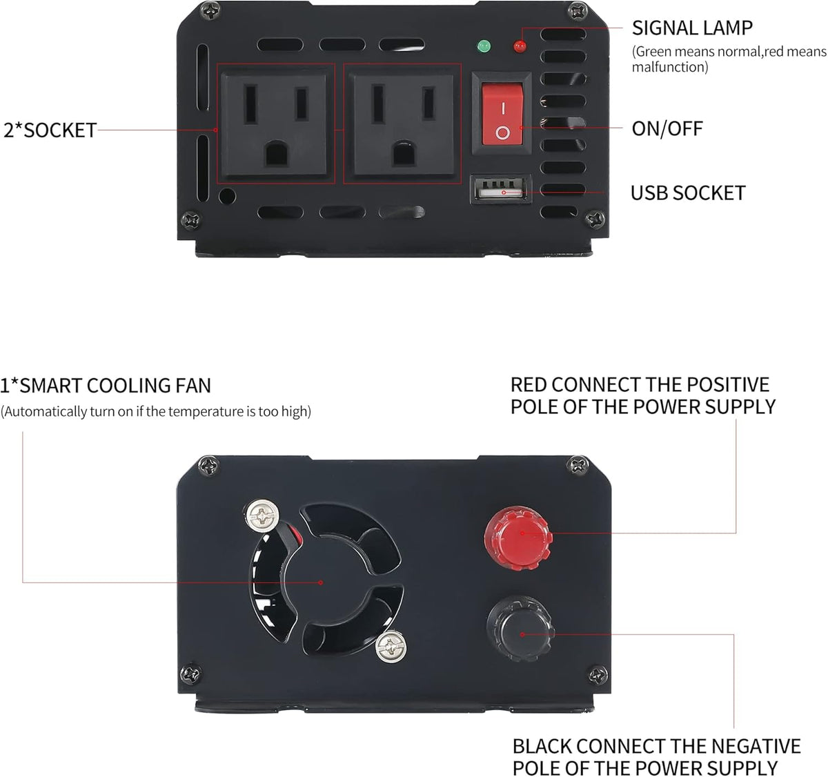 500W Pure Sine Wave Inverter 12V DC to 120V AC Converter for Home, RV, Truck, Off-Grid Solar Power Inverter with Built-in 5V/2.1A USB, Reliable Cable, Remote Controller