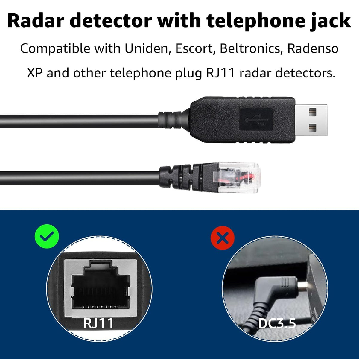 6.56Ft Radar Detector Cable - USB to RJ11 Plug Cable for Escort Radenso XP Uniden Beltronics Cobra Whistler - Premium Replacement Power Cord for Radar Detectors - Durable USB to RJ11 Connection