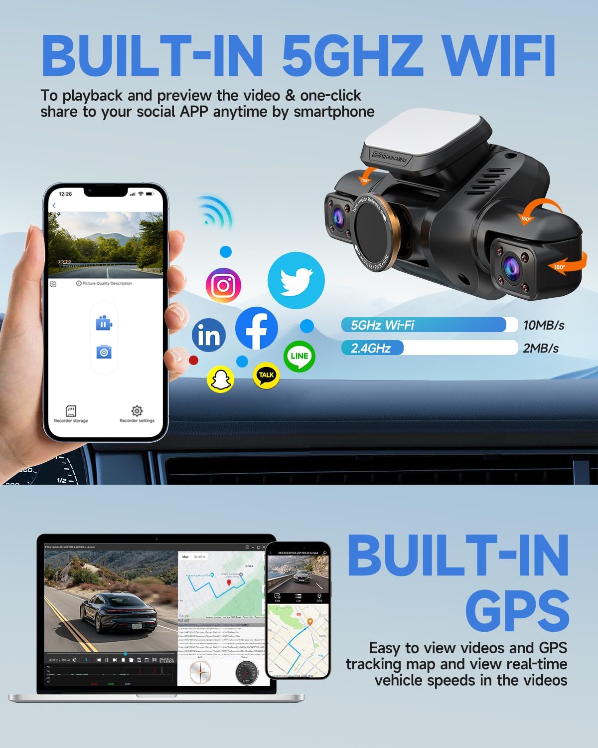 Dash Cam 4 Channel Front and Rear Inside, 360° Car Camera 4K UHD, Dash Camera for Cars Built-in Wi-Fi GPS, Dashcam with 64GB Card, Voice Control, CPL Filter, WDR Night Vision, 24H Parking Mode(V8PLUS)