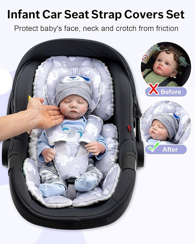 Baby Car Seat Head Support with Extra Headrest, Adjustable Infant Car Seat Insert with Shoulder Pads Set, Breathable Mink Dot Carseat Cushion for Newborn, Fits for Stroller, Baby Swing, Bouncer