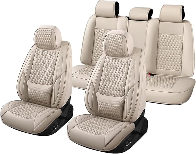 Car Seat Covers Full Set Custom Fit for Pontiac Vibe 2003-2010 - Premium Faux Leather with Lumbar Support | Breathable, Waterproof, Anti-Slip, Durable (Beige,Full Set)