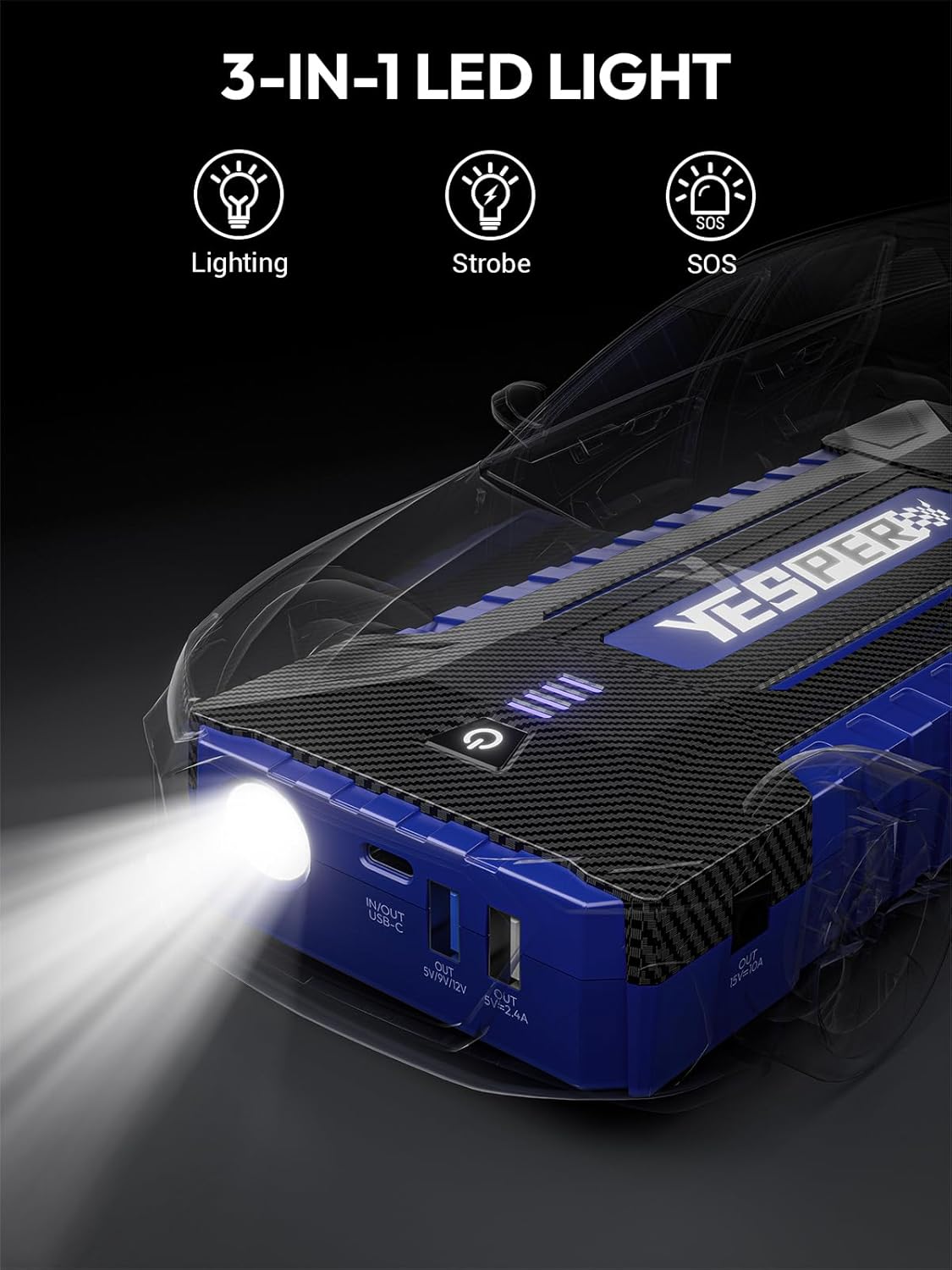 YESPER 2160A Car Jump Starter Portable,Battery Jumper Booster Pack, Boost Jump Box for Most 12V Vehicle (Up to 9.0L Gas/7.0L Diesel Engine), DSLI Safe Tech, PD 15W Fast Charge & DC 15V Port