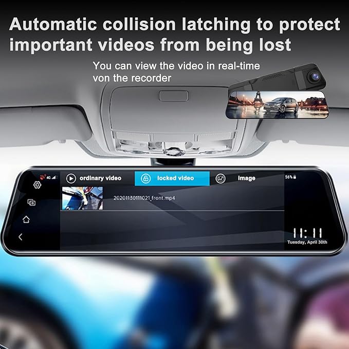 4K Dual Dash Cam for Cars, 9.66” Touchscreen Mirror Camera with WiFi, CarPlay, Suitable for All Models, Front 4K + Rear 1080P Recording, Night Vision, Parking Assist, 128G sd Card