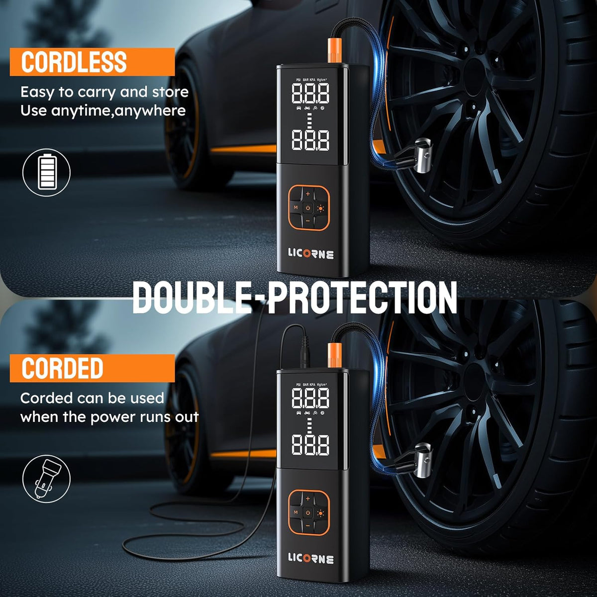 Tire Inflator Portable Air Compressor, 5X Faster Portable Air Pump for Car Tires with Powerful Battery, 180PSI Cordless Air Pump with Digital Pressure Gauge for Cars, Bike & Motorcycle Tires, Ball