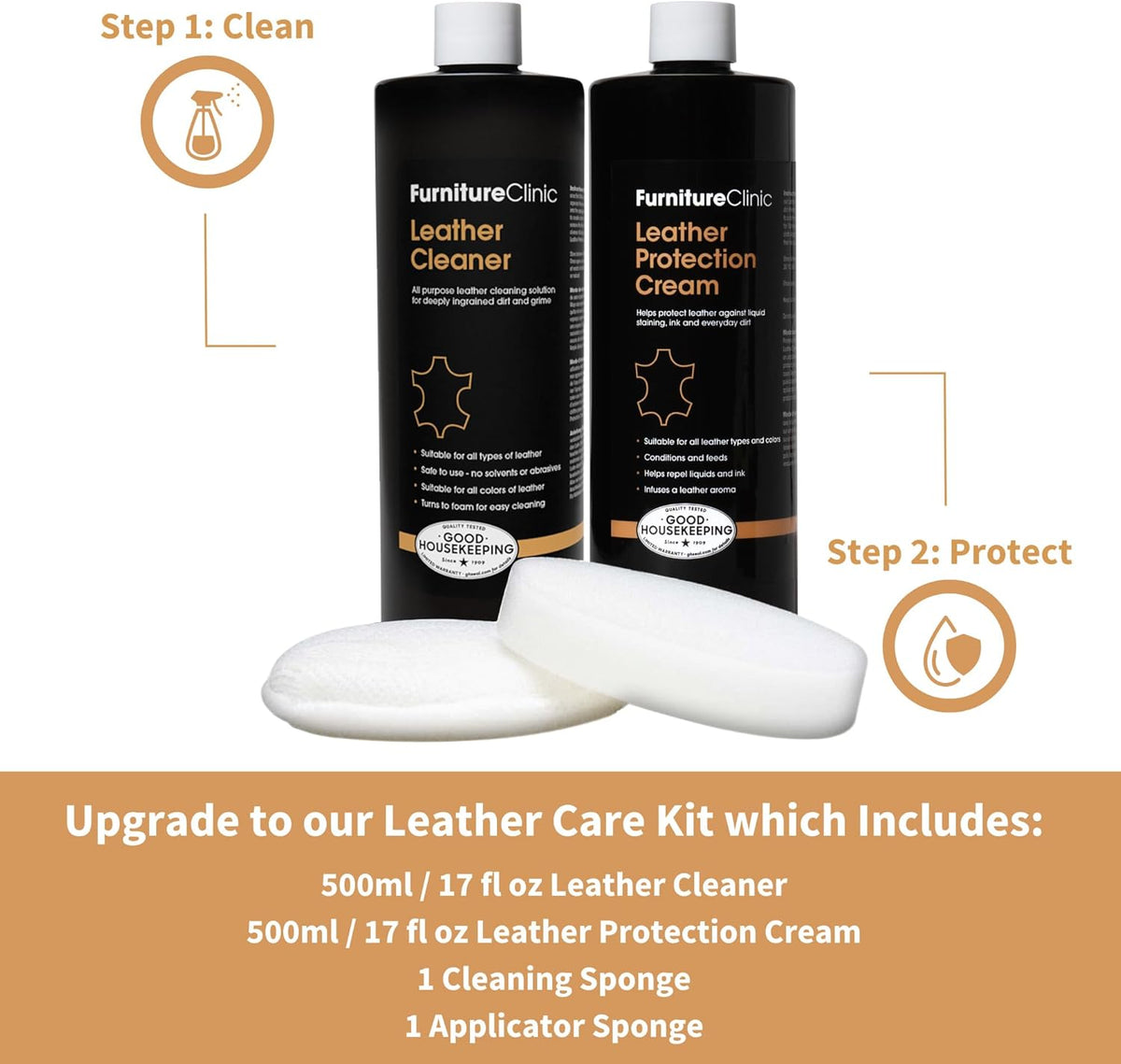 Furniture Clinic Leather Protection Cream | 2-in-1 Leather Conditioner & Waterproofing Protector for Furniture, Shoes, Car Seats & More | Prevent Stains While Nourishing | 8.5oz/ 250ml
