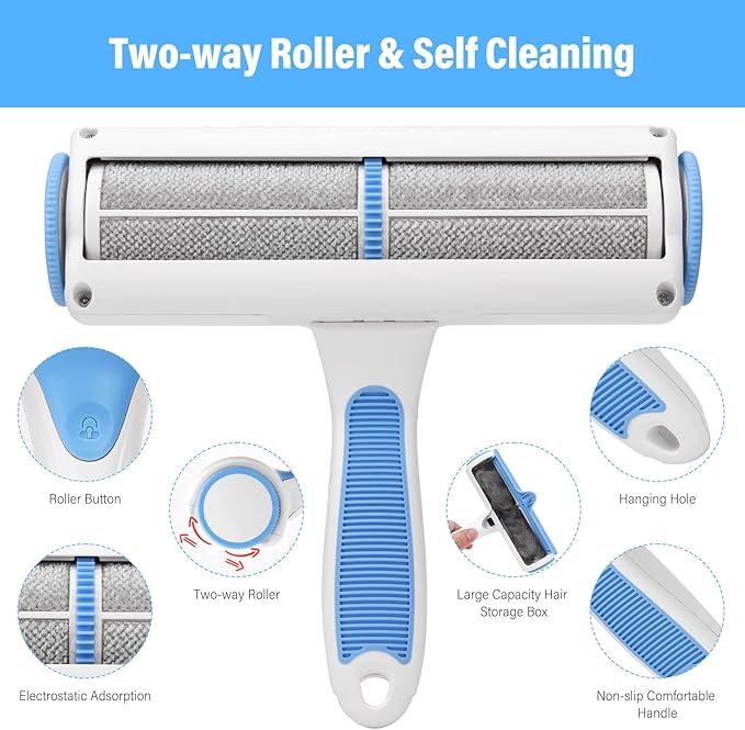 Pet Hair Remover Reusable Cat and Dog Hair Remover Multi-Surface Lint Roller Portable Fur Removal Tool for Furniture,Couch,Carpet,Bedding,Clothes and Car Seats, Non-Slip Handle Self-Cleaning Roller