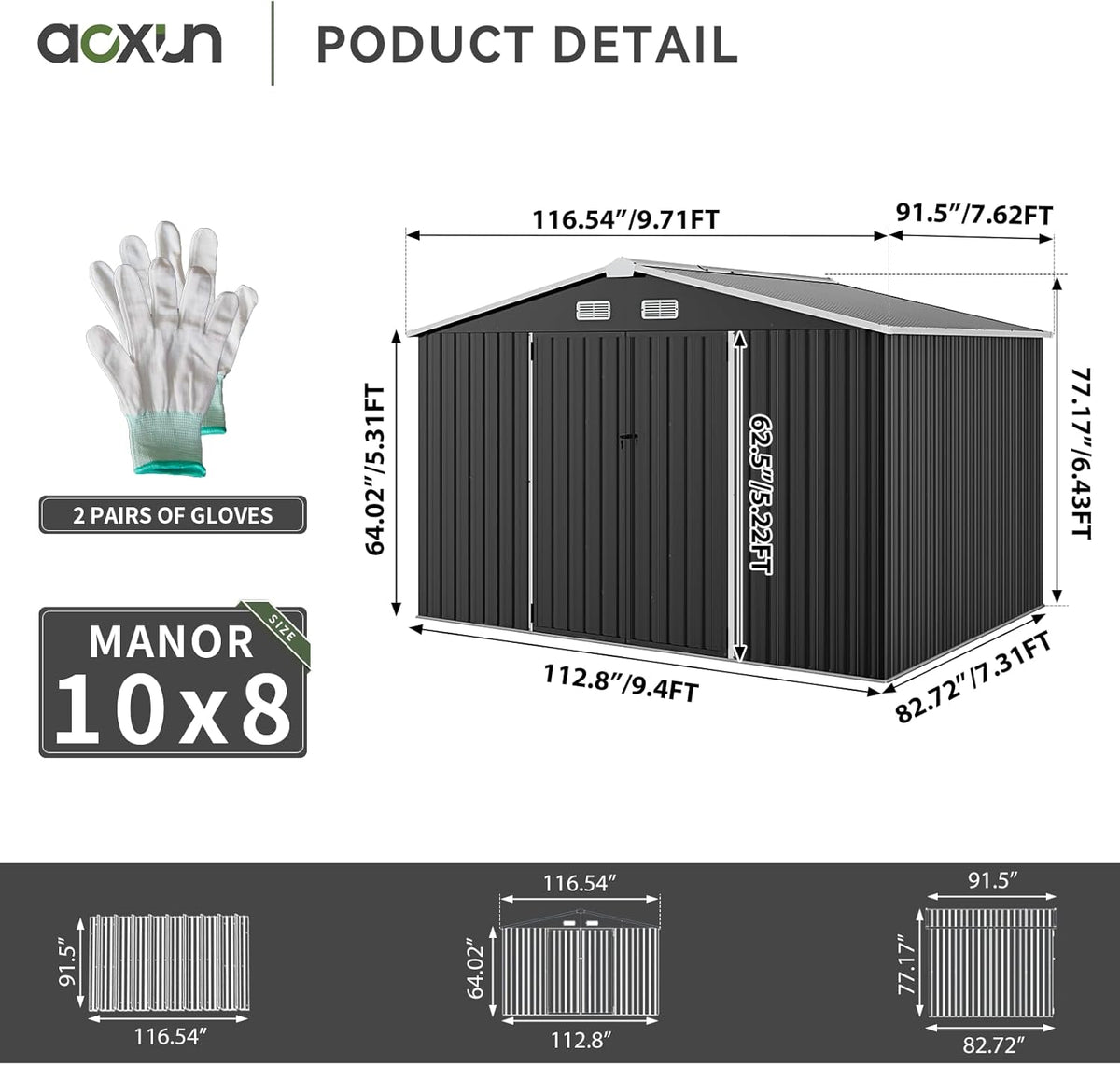 Aoxun 9.4x7.3x6.5 FT Outdoor Storage Shed, Garbage Can, Outdoor Metal Shed for Tool, Garden, Bike, Placed in Patio, Garden (Black)