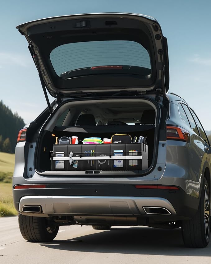 HOTOR Trunk Organizer - Car Organizer with Built-In Leakproof Car Cooler, Collapsible Trunk Organizer with Cooler for SUV, Sedan, with Base Panel (3 Compartments, Black), 35.4"×14.2"×10.6"